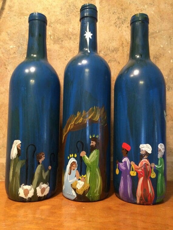 Hand-Painted Nativity Wine Bottle Trio