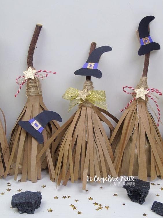 Mini Witch Brooms with Paper Fringe and Playful Hats