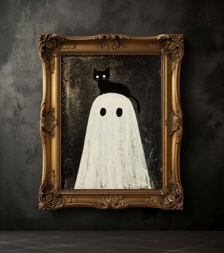 Minimalist Ghost with Black Cat Portrait