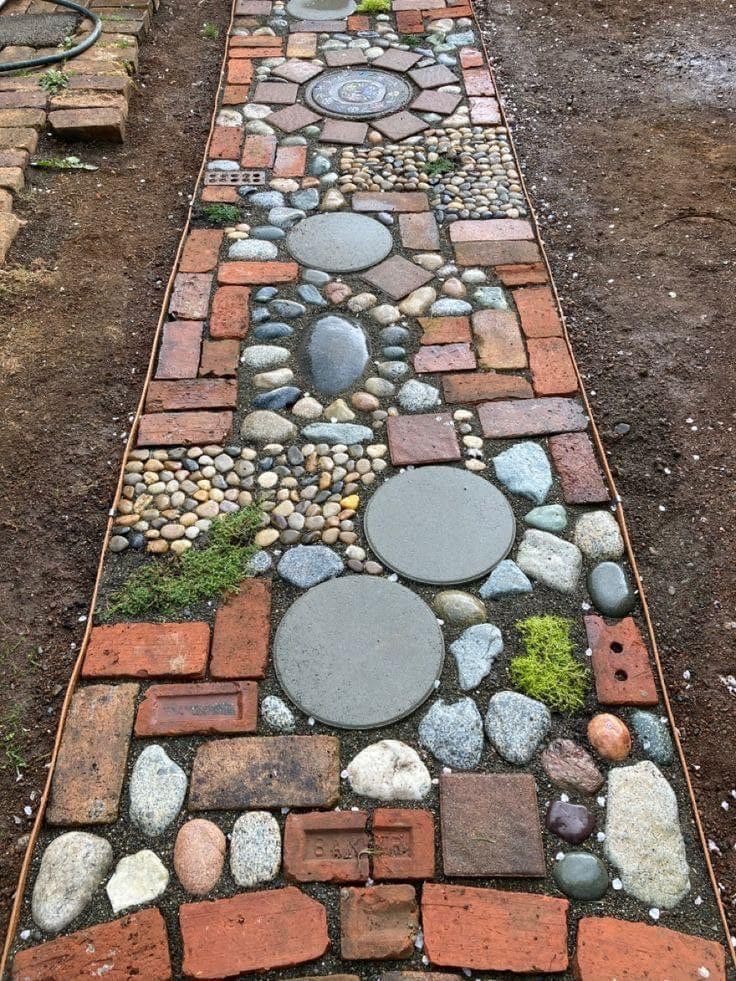 Mixed Brick and Pebble Mosaic Walkway
