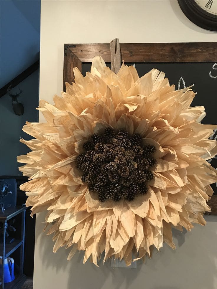 Oversized Corn Husk Sunflower with Pinecone Center
