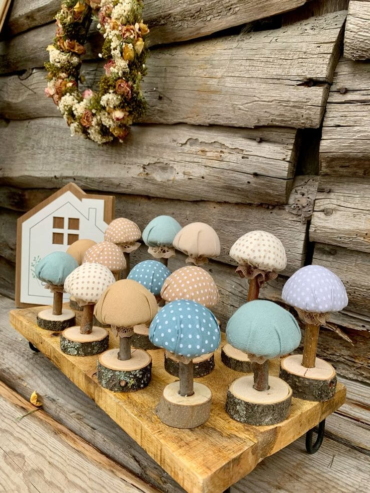 Pastel Fabric and Wood Mushrooms
