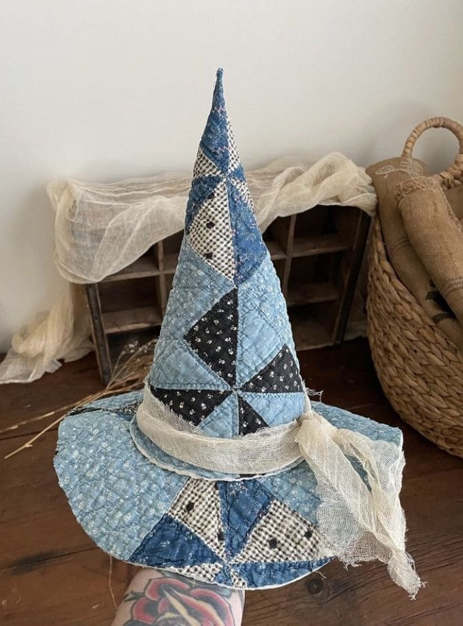 Primitive Blue Quilted Witch Hat