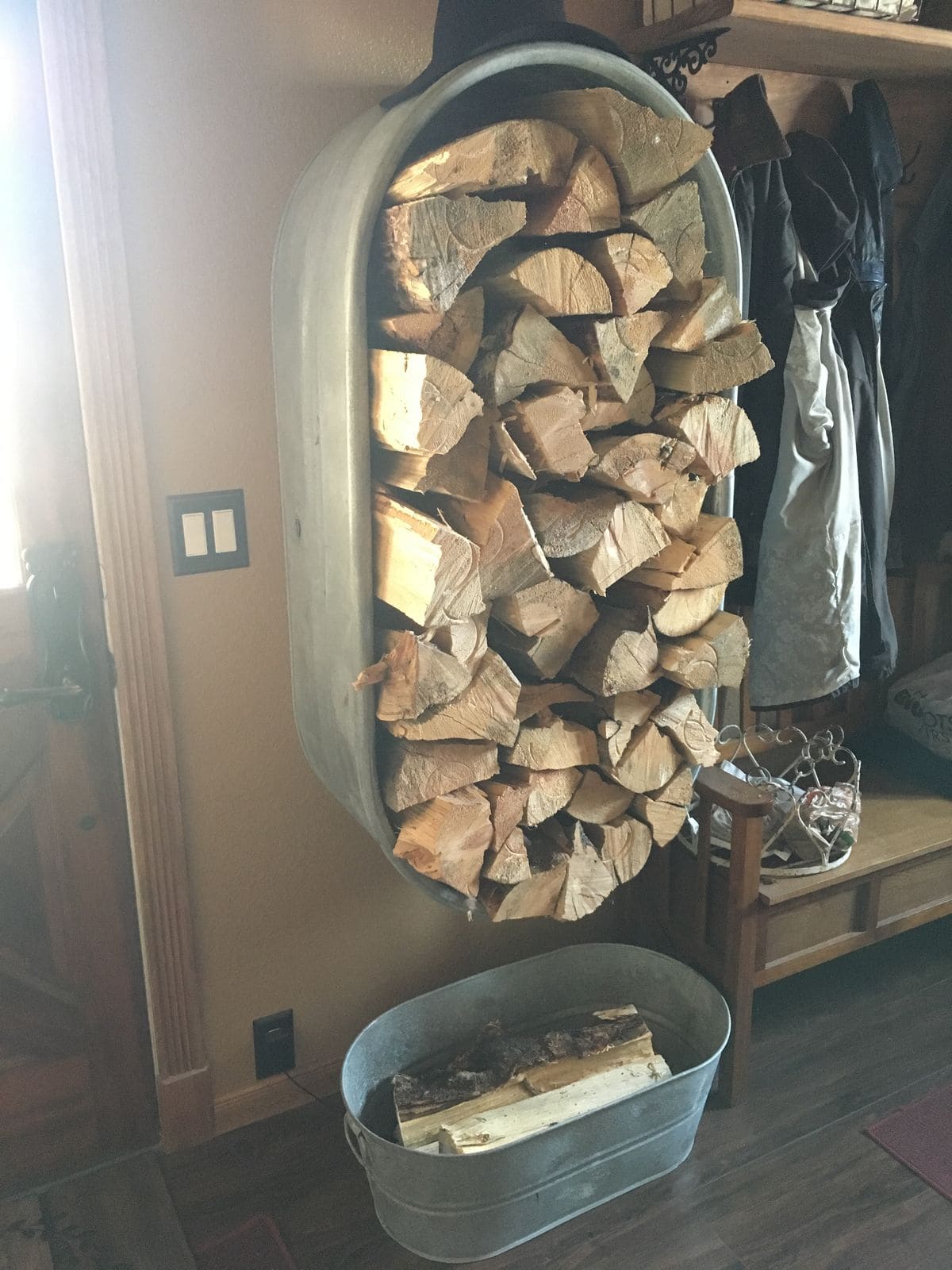 Repurposed Metal Tub Firewood Storage