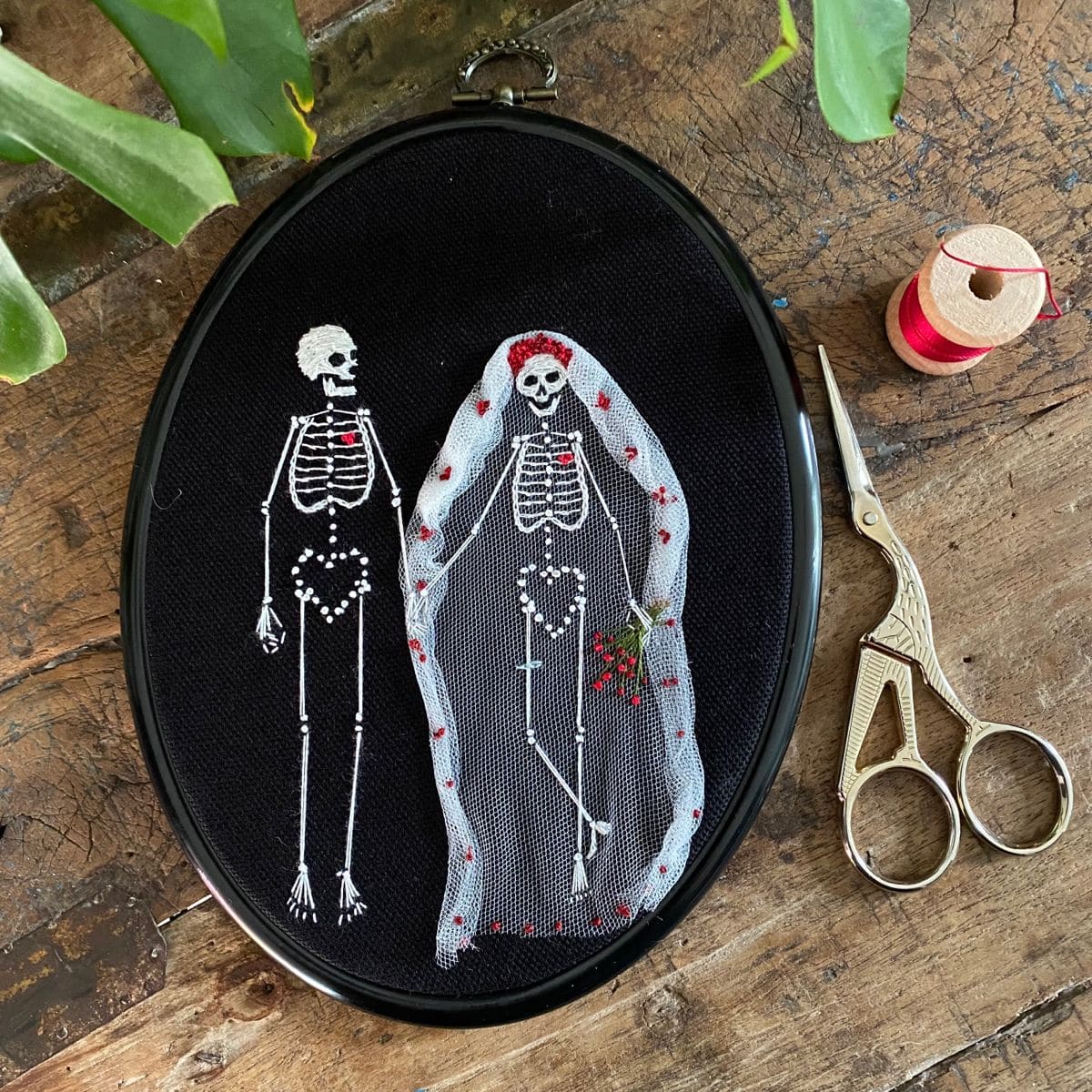 Skeleton Bride and Groom Embroidery Hoop 1