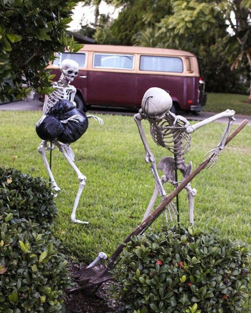 Skeleton Crime Scene by the Driveway Bushes