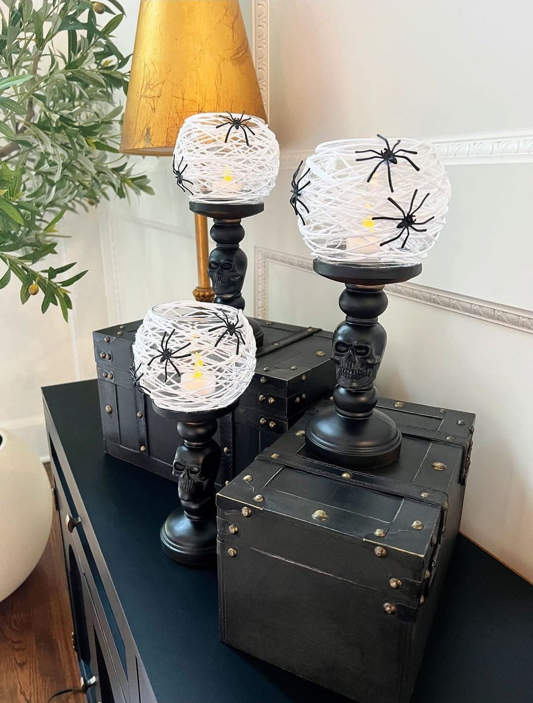 Skull Pedestal Spiderweb Candle Holders