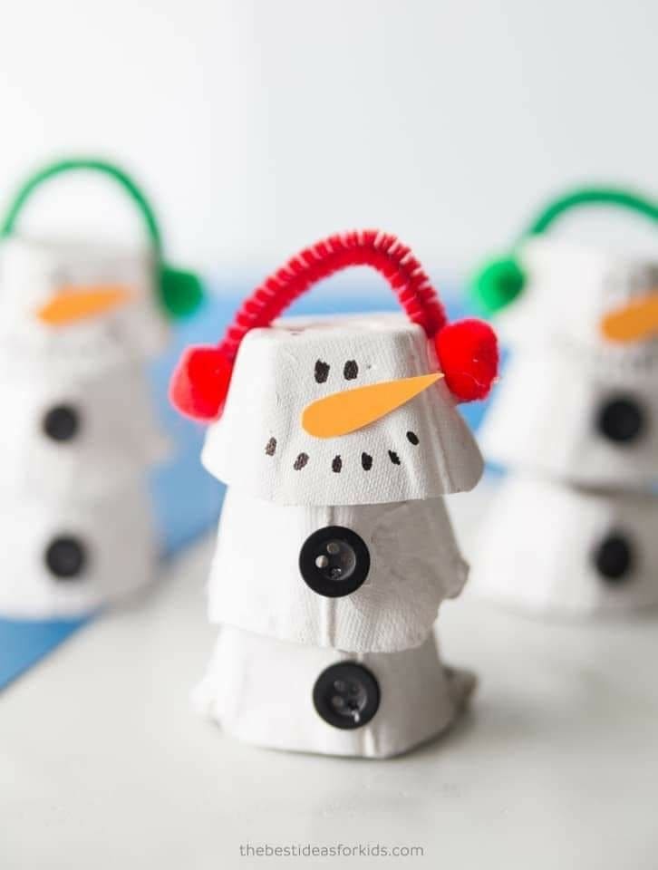 Stacked Egg Carton Snowmen With Pom-Pom Earmuffs