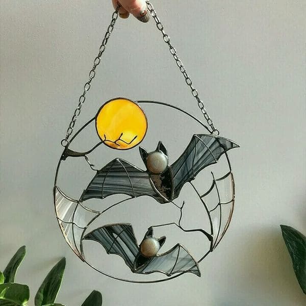 Stained Glass Bat and Moon Suncatcher