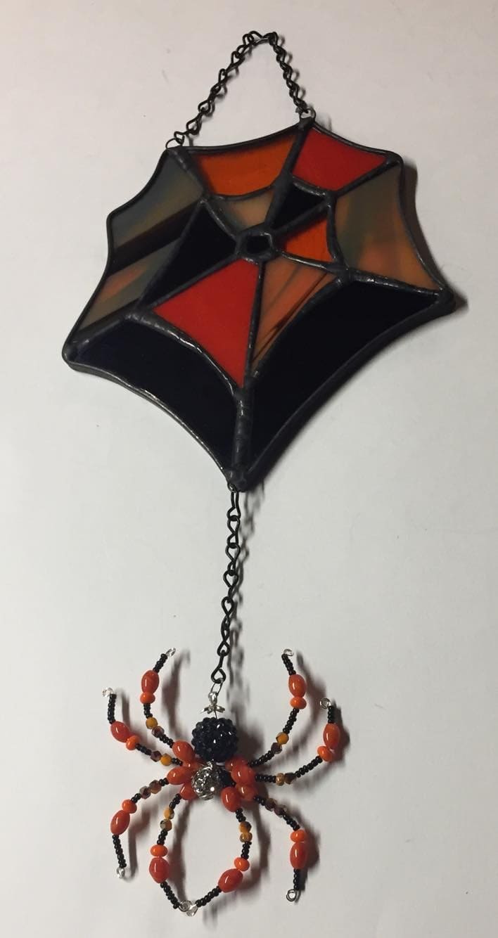 Stained Glass Spiderweb with Beaded Spider