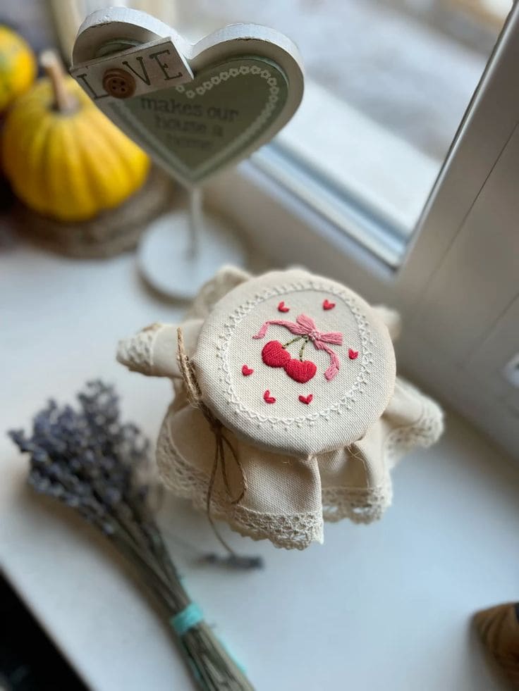 Sweet Cherry Embroidered Jar Cover