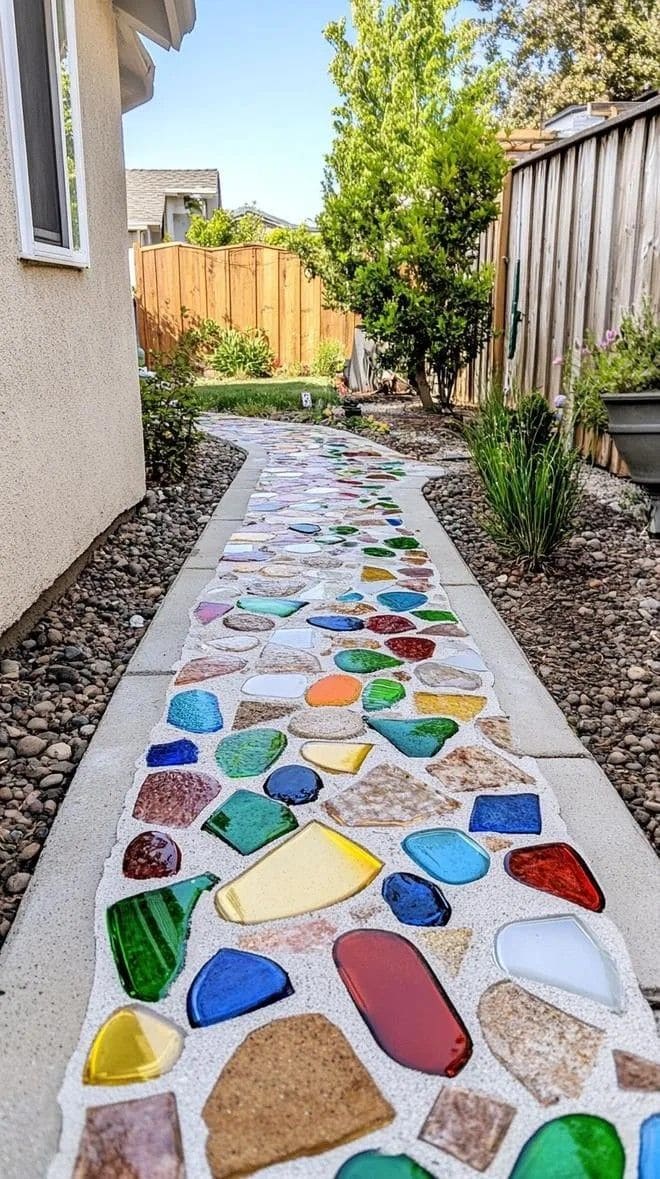 Vibrant Garden Path with Colored Glass