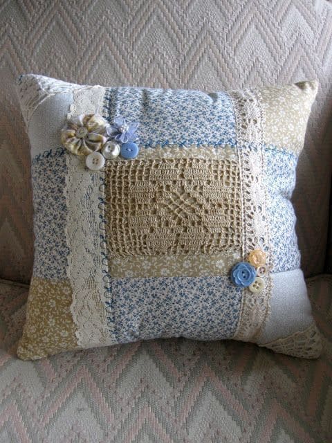Vintage Lace & Button Patchwork Pillow