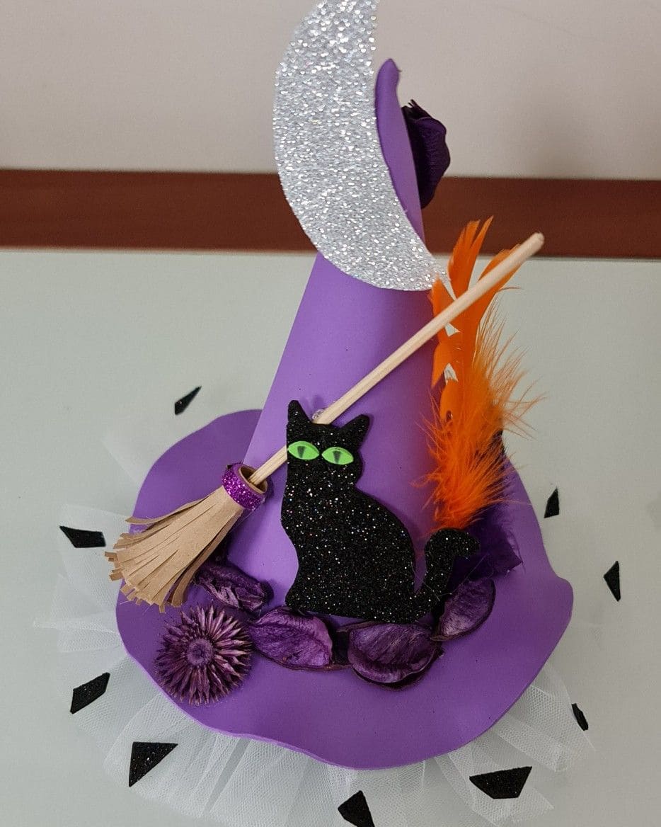 Whimsical Black Cat and Moon Witch Hat