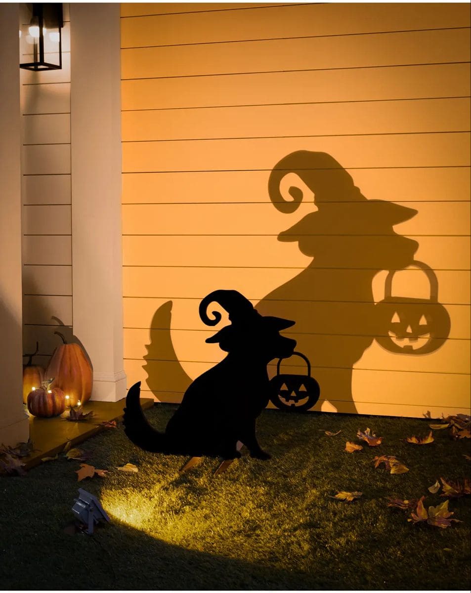 Witch Dog with Pumpkin Bucket Shadow Silhouette Halloween