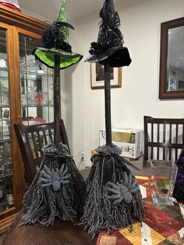 Witch Hat Mop Brooms with Glittery Spiders