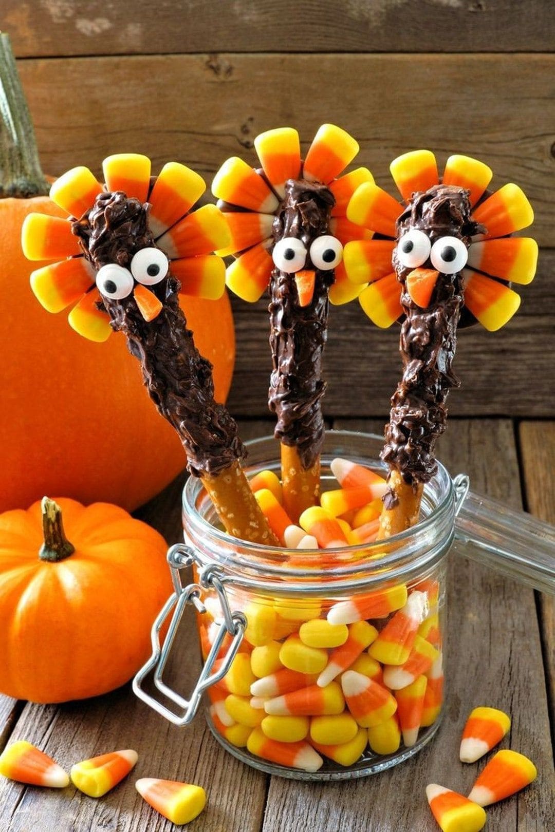 Chocolate Pretzel Turkeys with Candy Corn Feathers