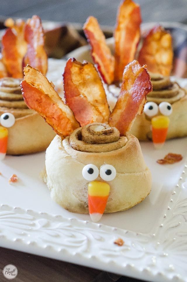 Cinnamon Roll Turkeys with Bacon Feathers