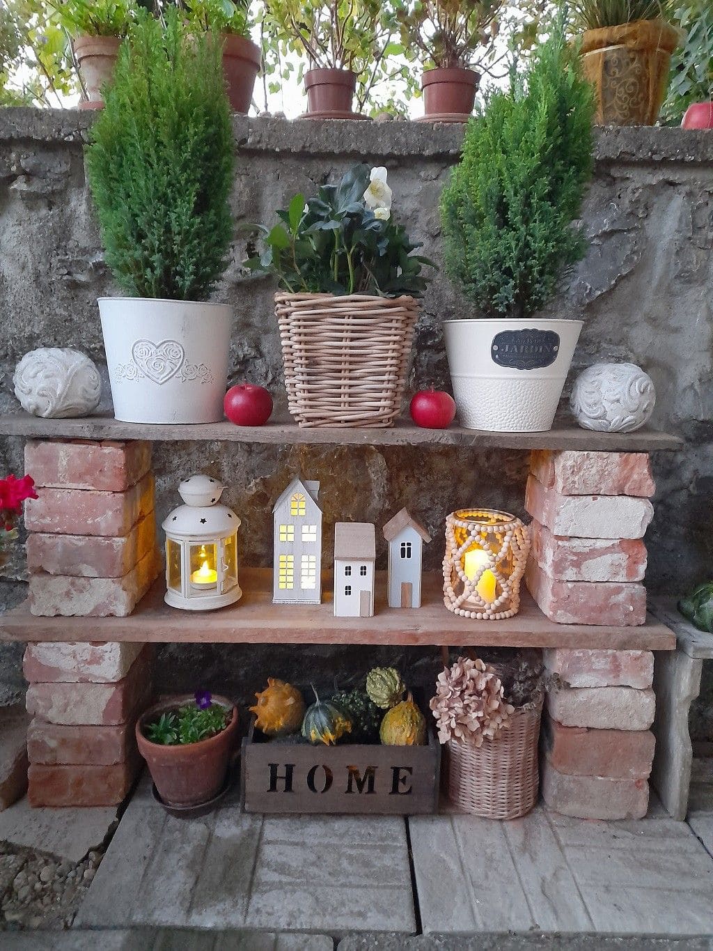 Cozy Brick and Wood Garden Shelf