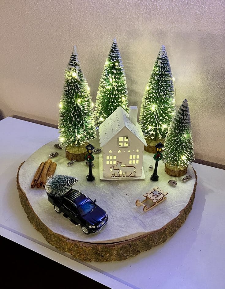 How to Craft a Mini Christmas Village on a Wooden Slice