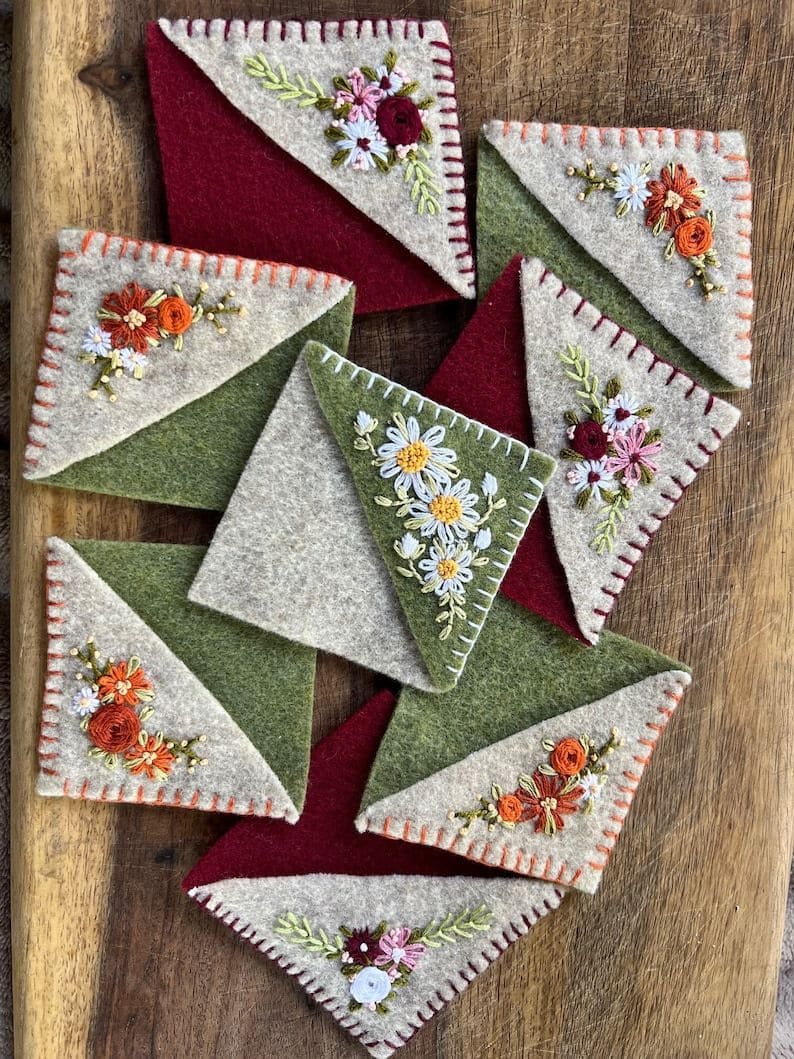Handmade Felt Corner Bookmarks with Embroidered Blooms
