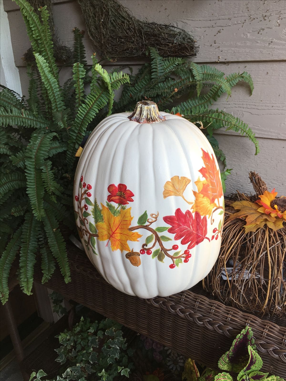 Hand-Painted Pumpkin with Fall Leaves