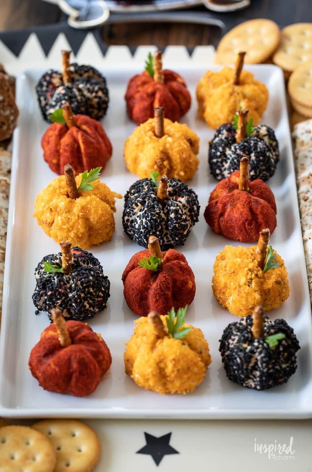 Mini Pumpkin Cheese Balls with Pretzel Stems
