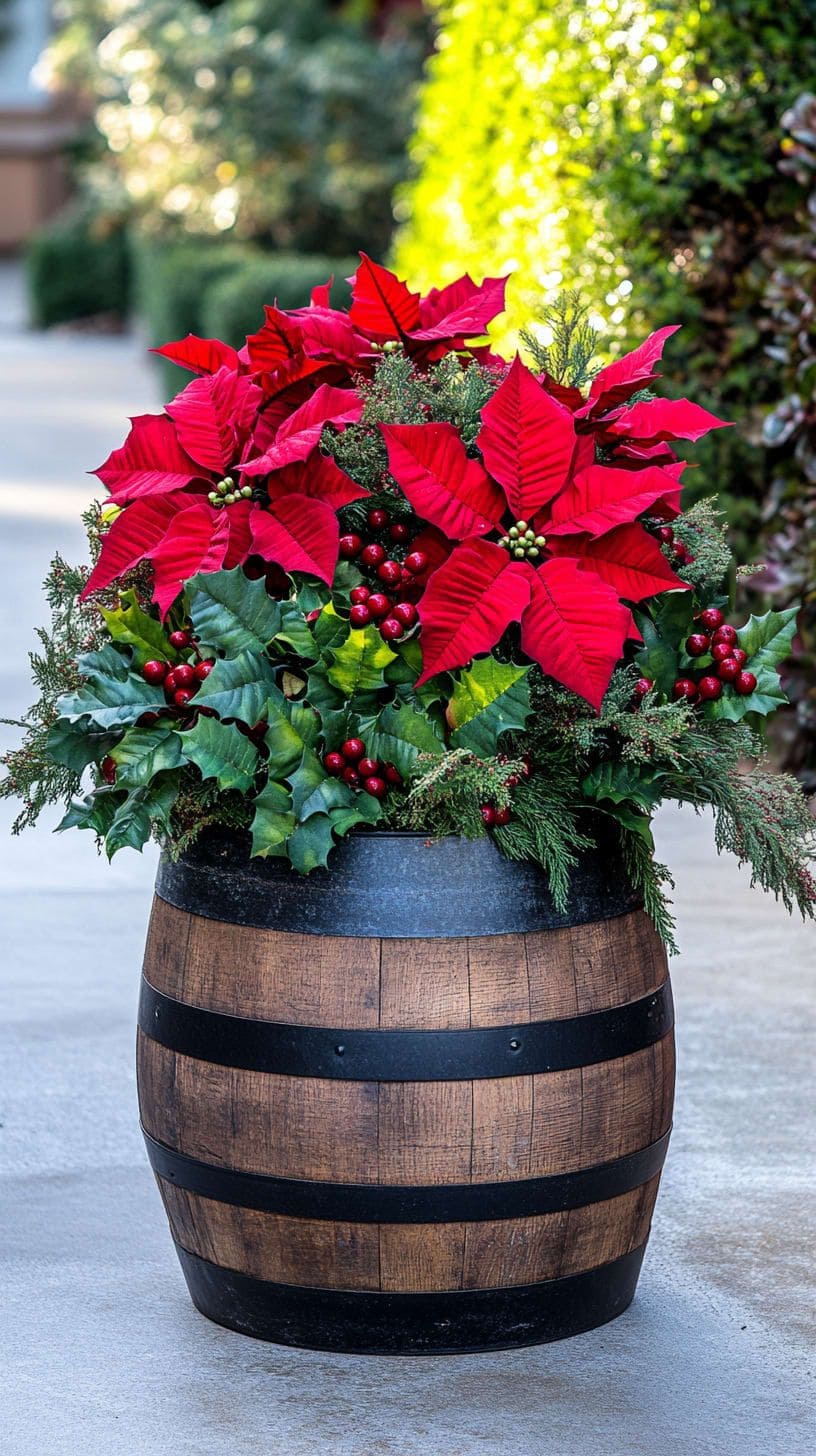 How to Create a Poinsettia Barrel Planter for Holiday Charm