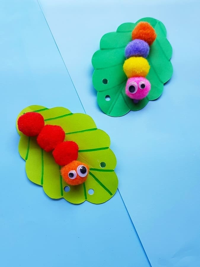 Pom-Pom Caterpillars on Paper Leaves