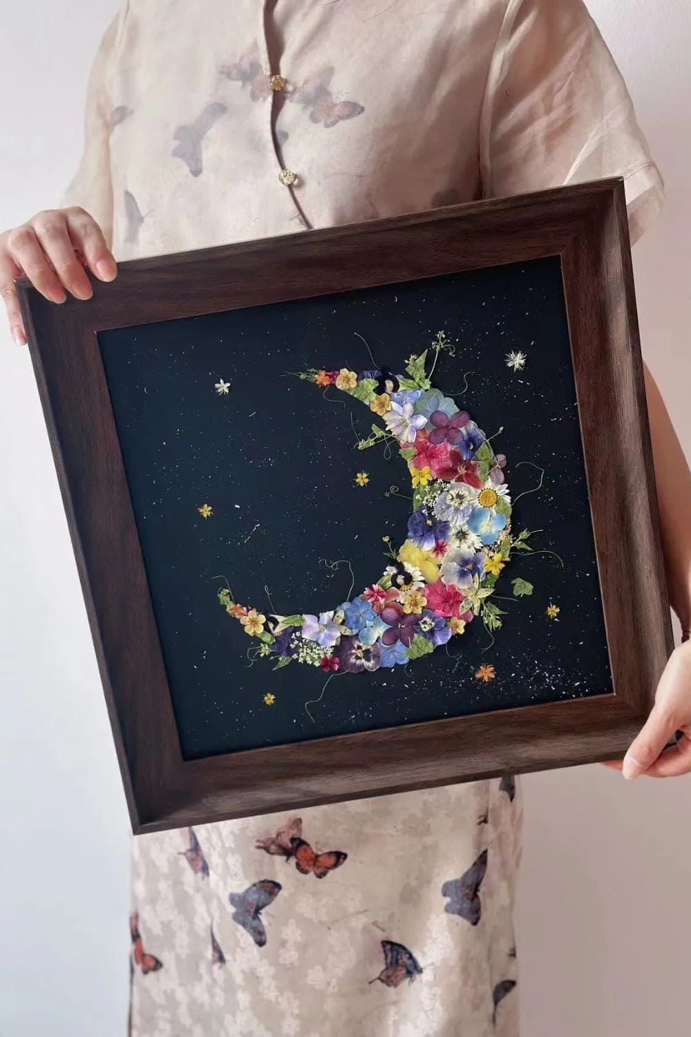 Pressed Flower Crescent Moon Art