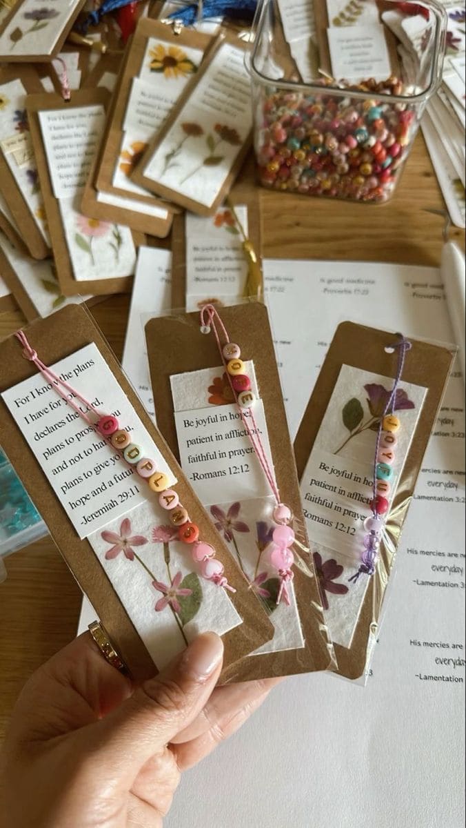 Handmade Pressed Flower Bookmarks with Beaded Words