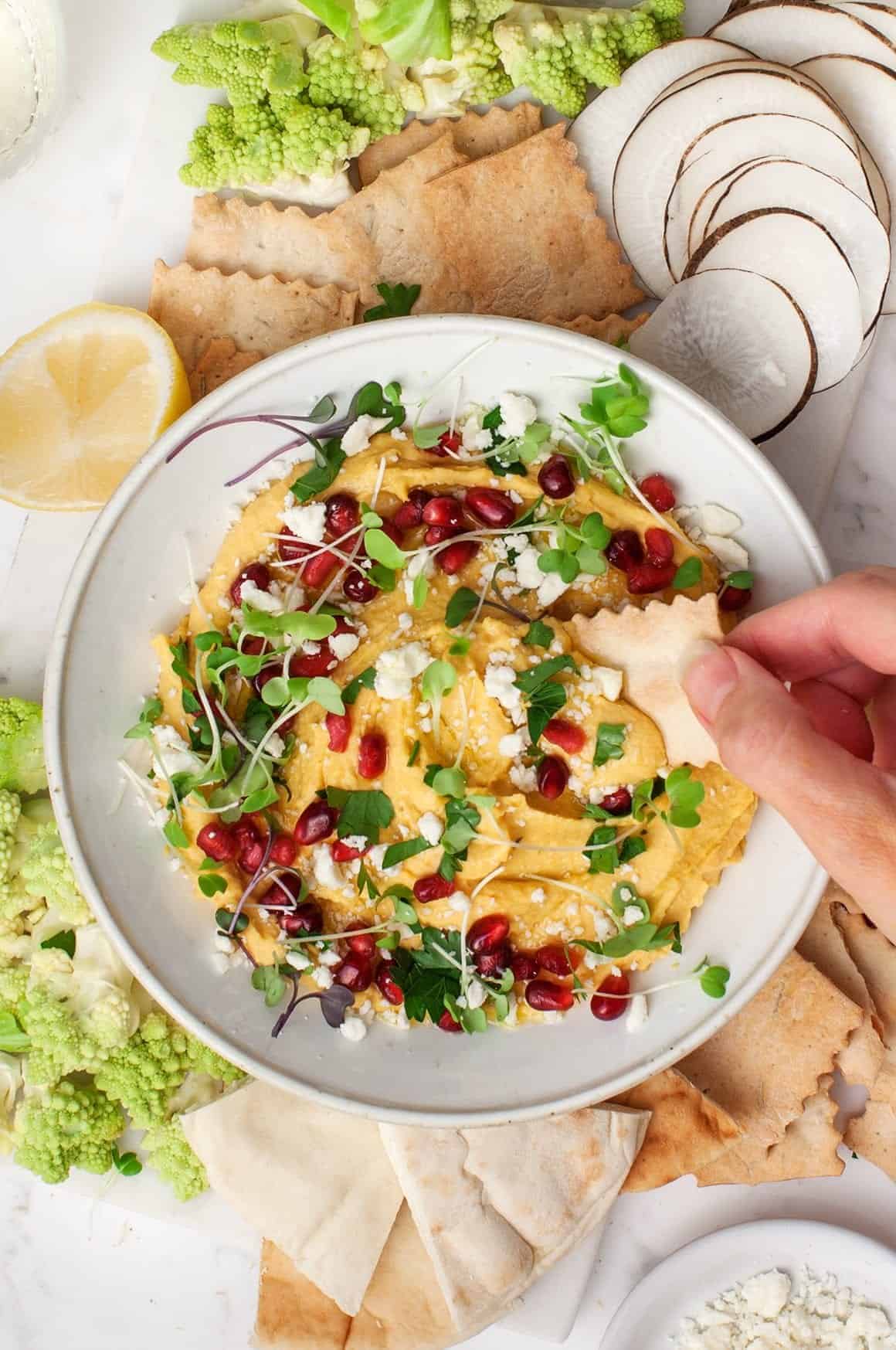 Pumpkin Hummus with Pomegranate and Feta