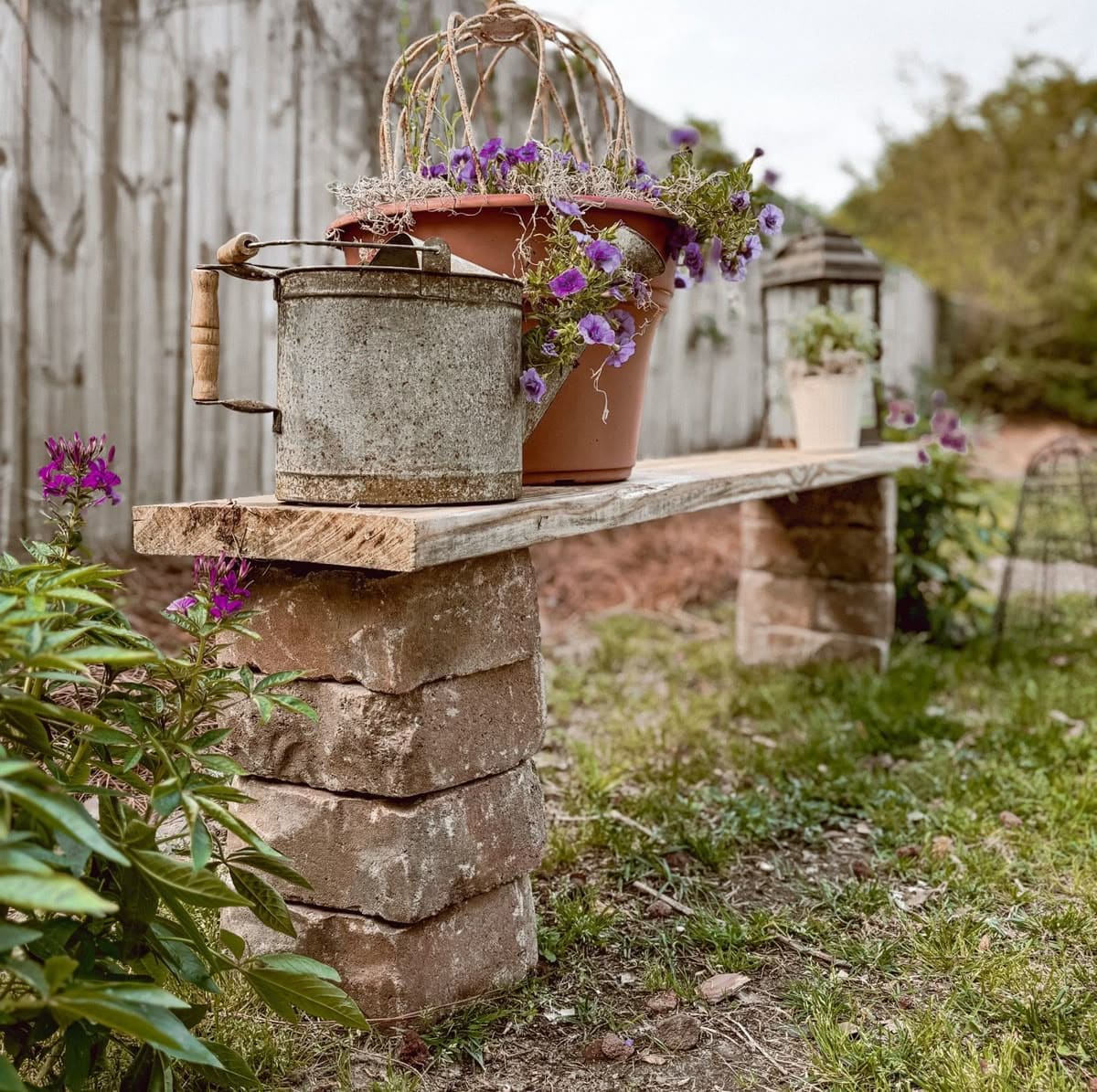 Rustic Brick and Wood Garden Bench