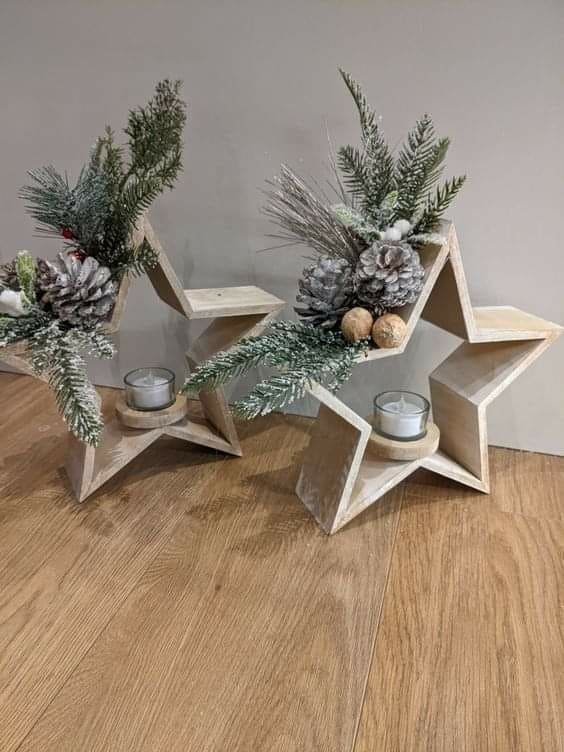 Rustic Pallet Star Candle Holders with Evergreen Touch