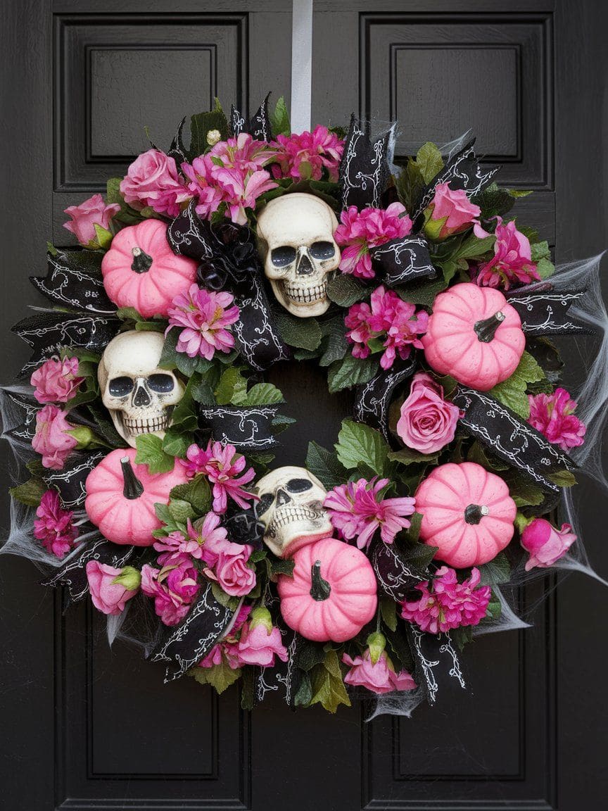 Skulls and Pink Pumpkin Wreath