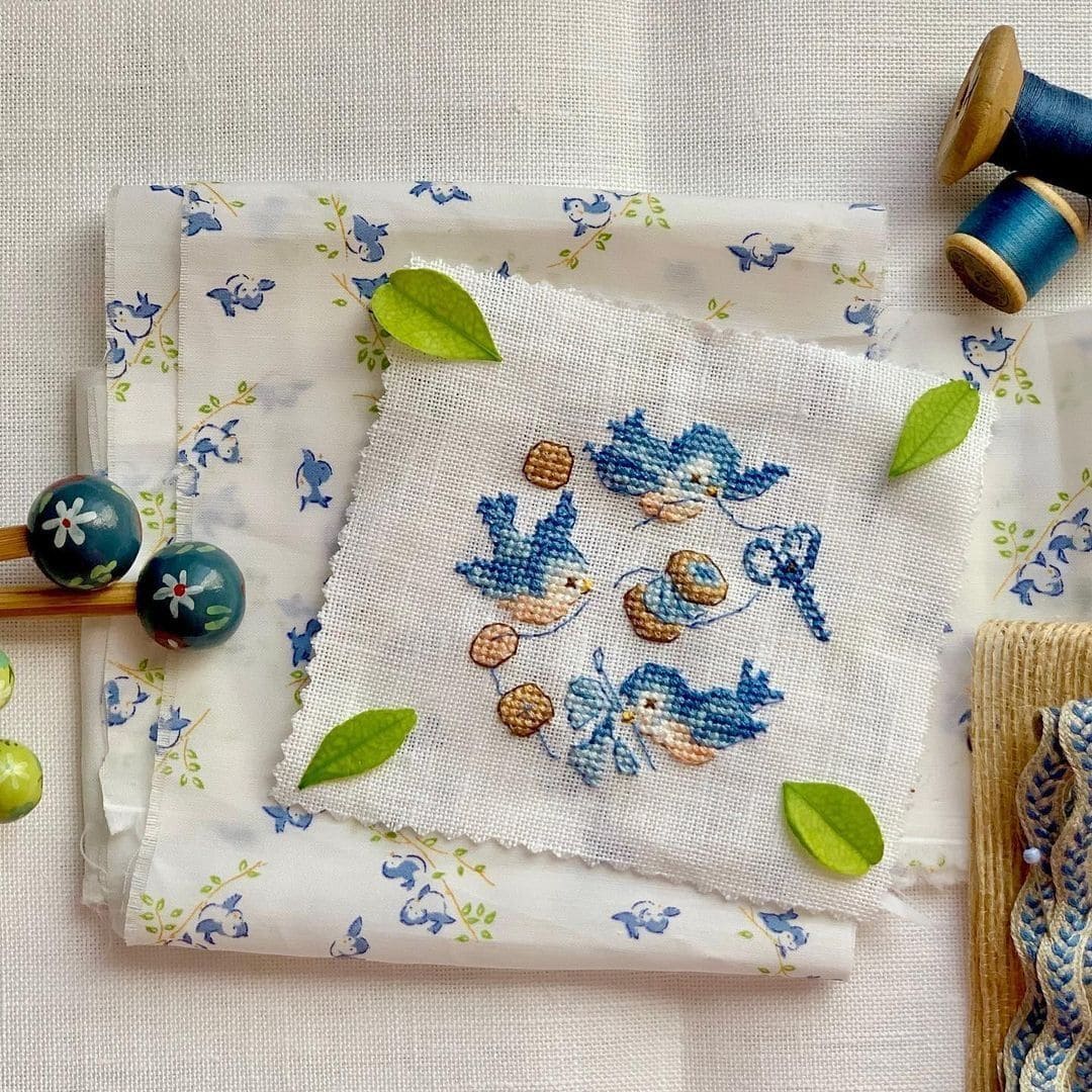 Bluebird and Sewing Cross Stitch Design