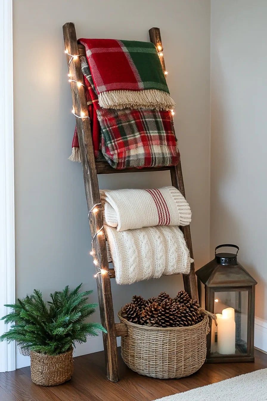 Cozy Plaid Blanket Ladder Display