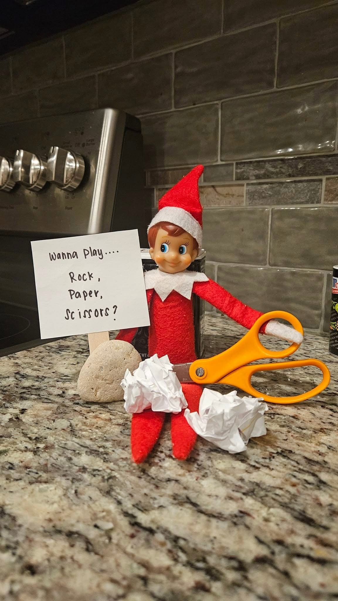 25 Hilarious Elf on the Shelf Ideas Crack Up the Whole Family Elf Rock-Paper-Scissors Challenge