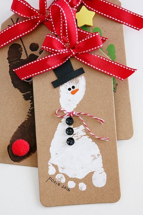 20 Fun Christmas Footprint Crafts to Make with Little Feet Footprint Snowman Gift Tags