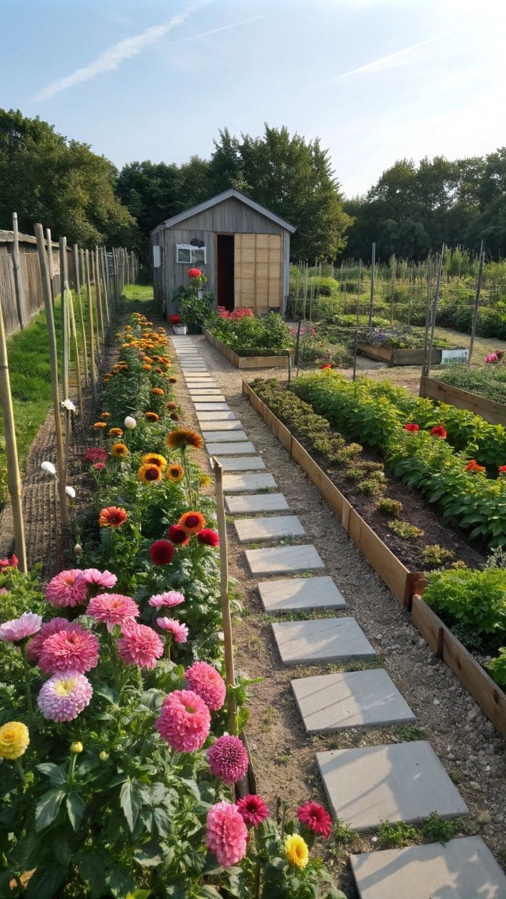 18 Homestead Garden Layout Ideas for Self-Sufficient Living Garden Pathway With Blooming Borders