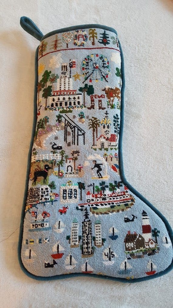 Holiday Cross Stitch Cityscape Stocking