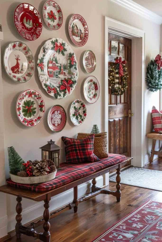 Plaid Bench Holiday Entryway