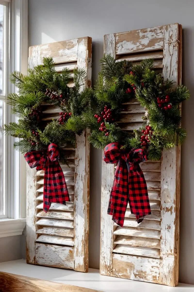 Rustic Plaid Wreath Shutter Display