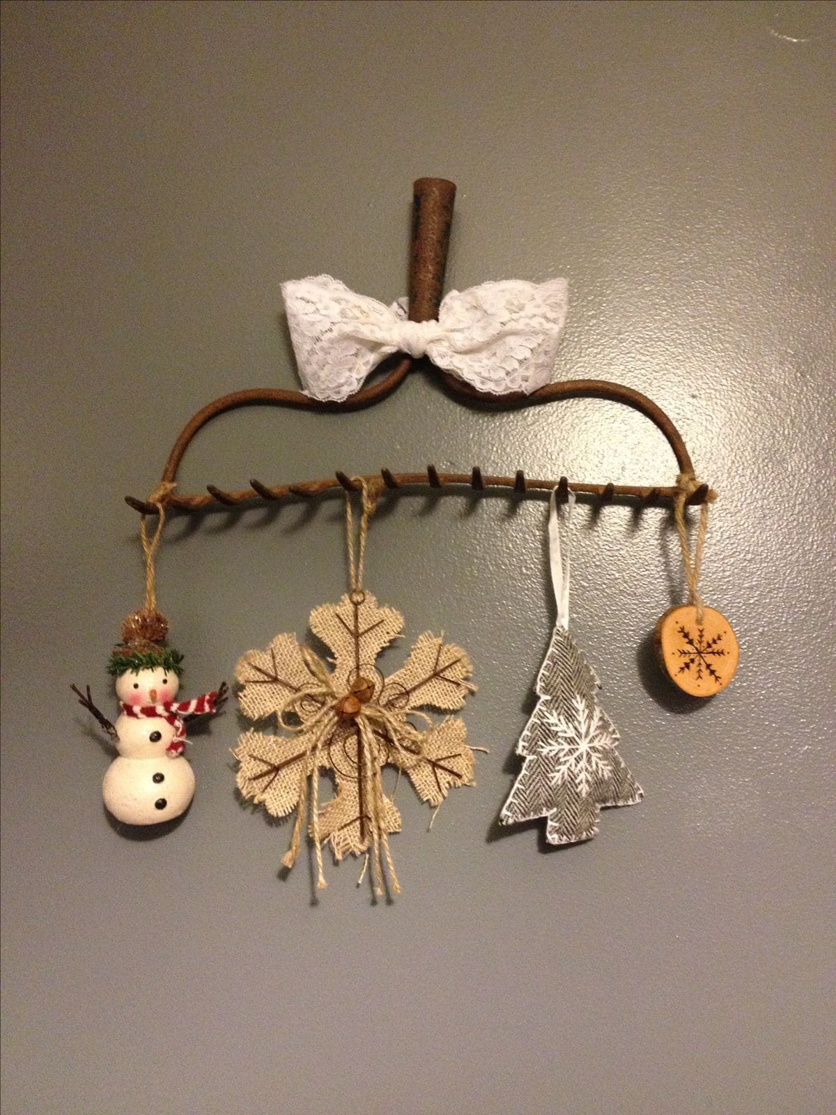 Rustic Rake Christmas Ornament Display