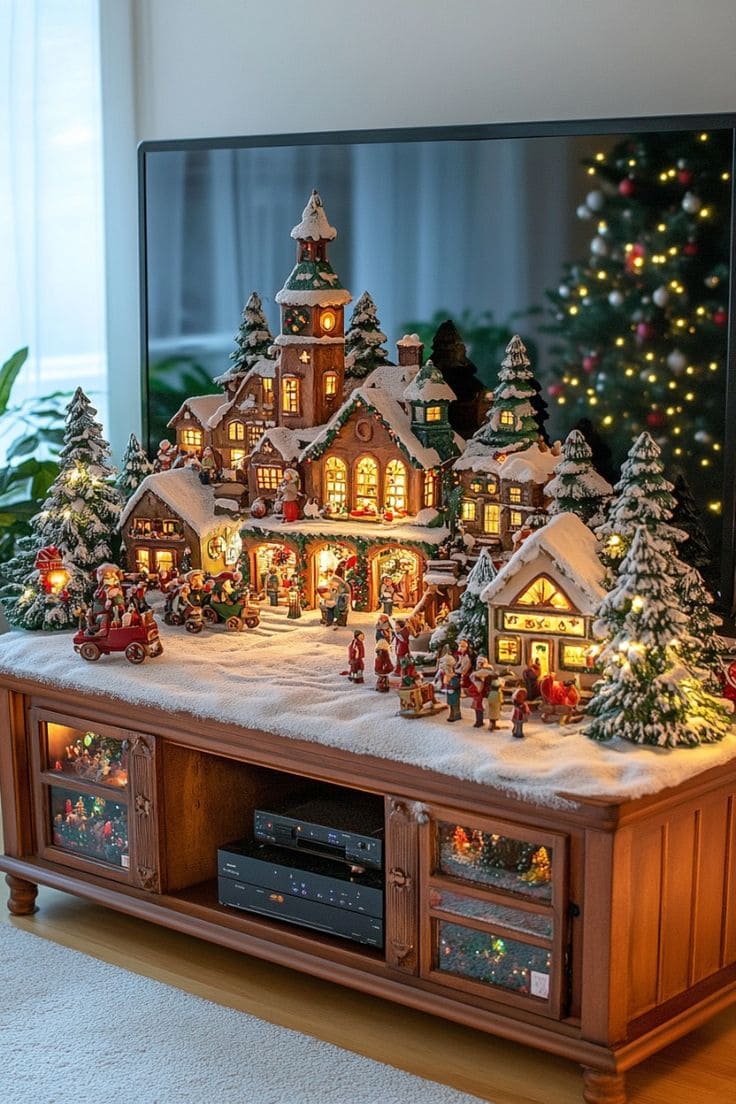TV Stand Christmas Village Scene
