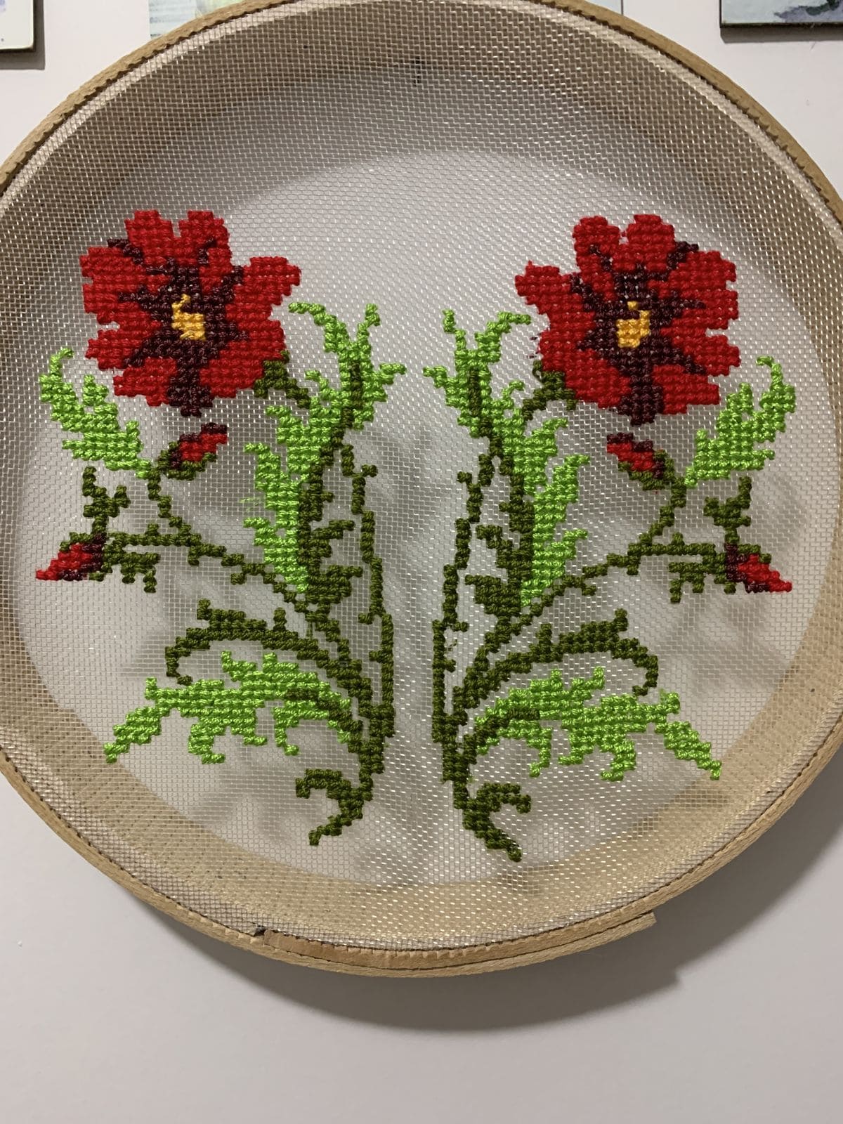 Twin Red Bloom Cross Stitch Hoop Art