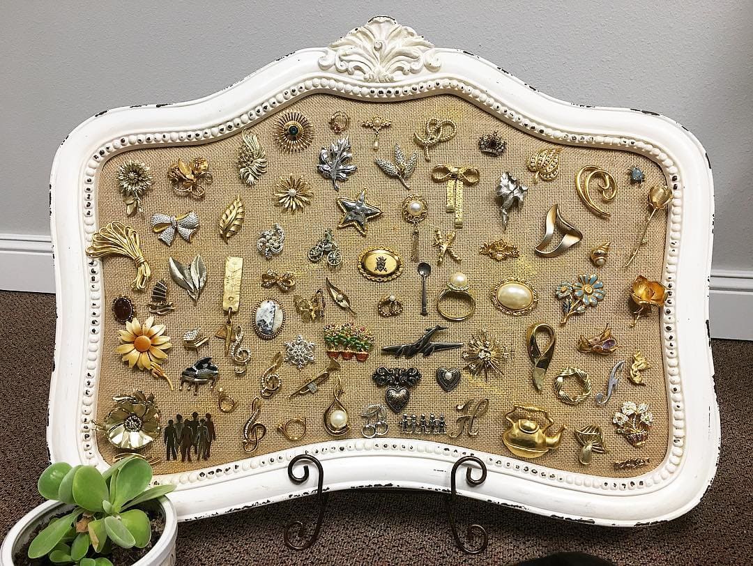 Vintage Burlap and White Frame Brooch Display