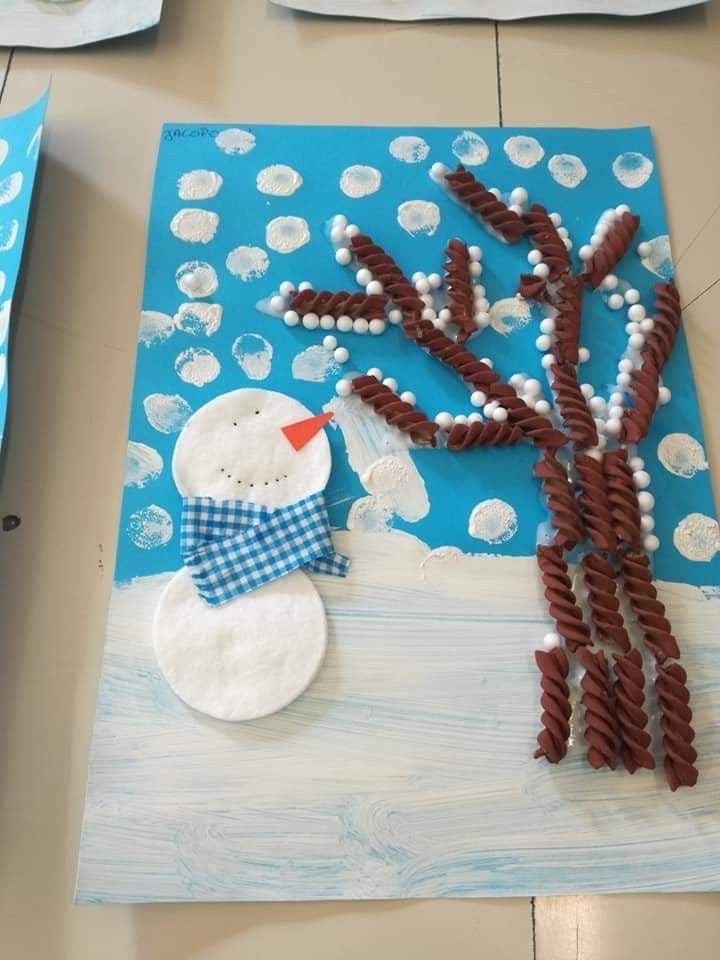 Cotton Pad Snowman with Pasta Tree Craft