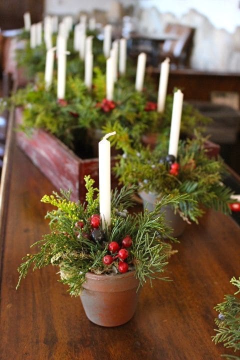 Evergreen Candle Pot Centerpieces