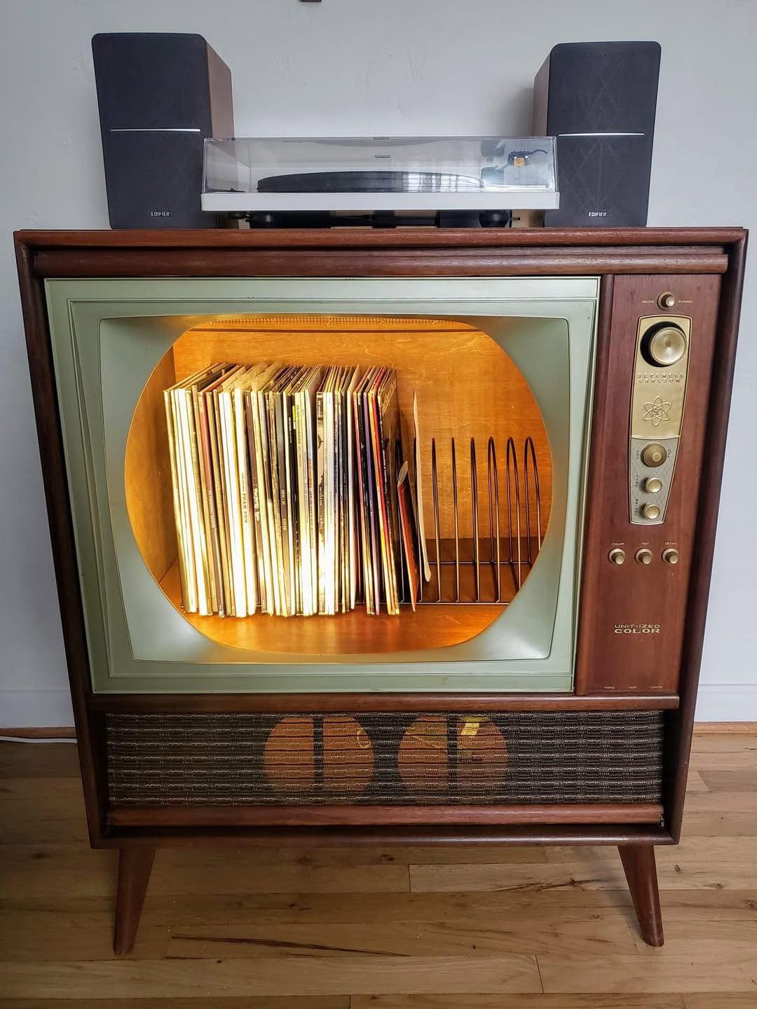 12 Old TV Makeovers to Give Nostalgia a Modern Twist Retro Vinyl Display Cabinet